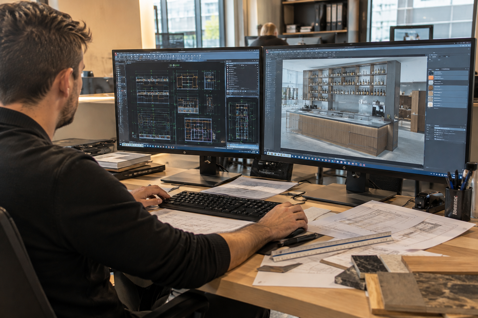 CAD-Zeichner bei der Planung einer Gastronomieeinrichtung